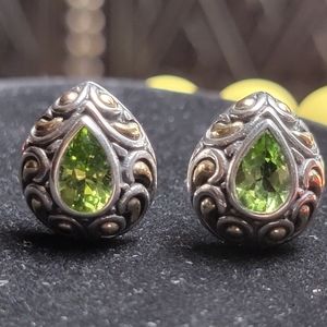 Peridot Earrings in Scrolled Antiqued Sterling Silver & 18kt Gold Settings